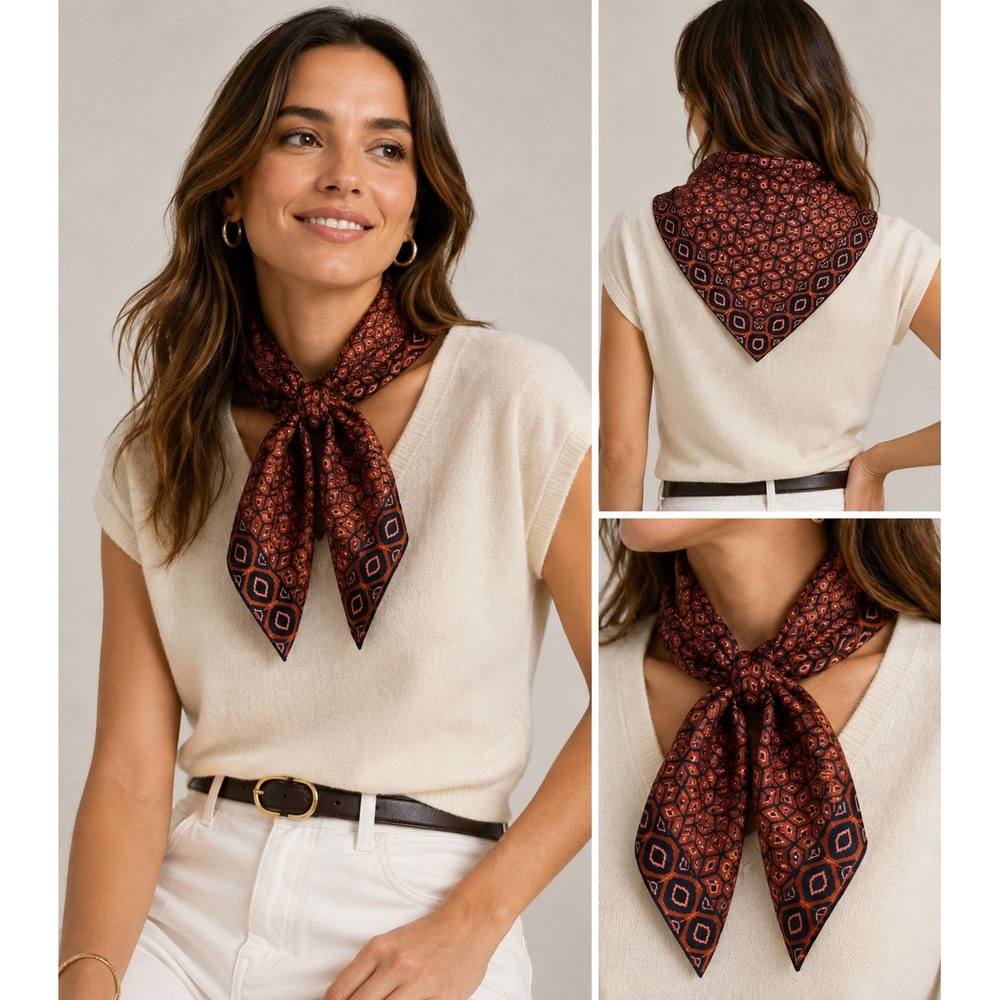 COS 100% Silk Square Scarf Orange Navy Geometric Cube Print 24x24